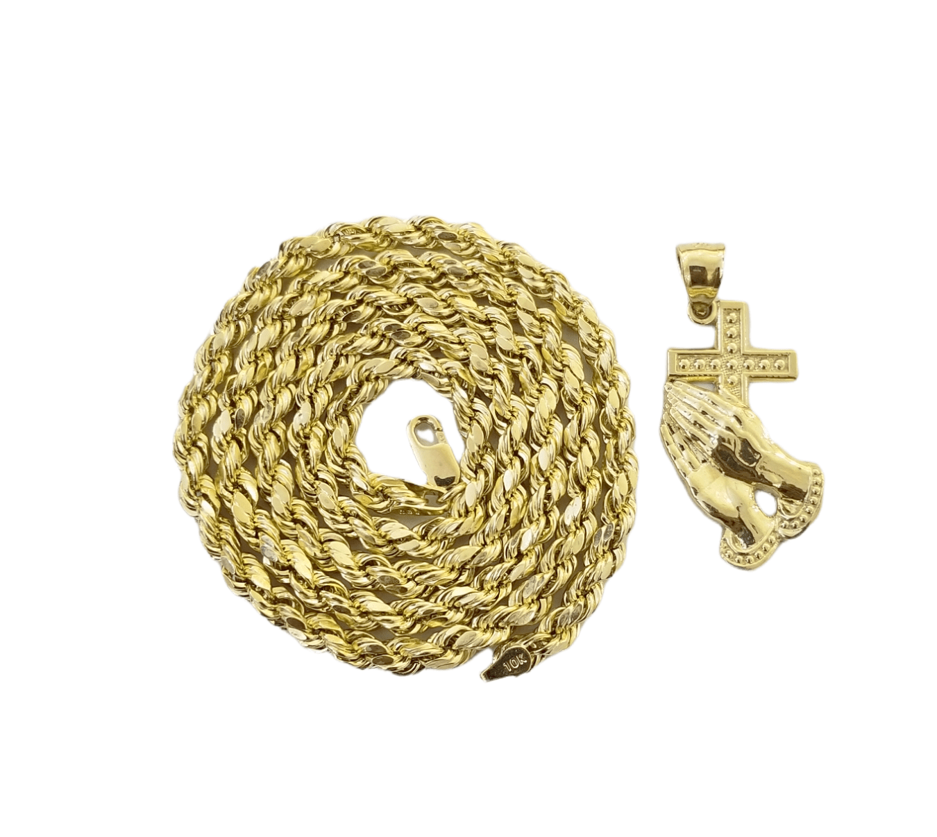 Real 10K Gold Praying Hand 20" Rope Chain Cross Pendant Charm 4mm - Reva Jeweler