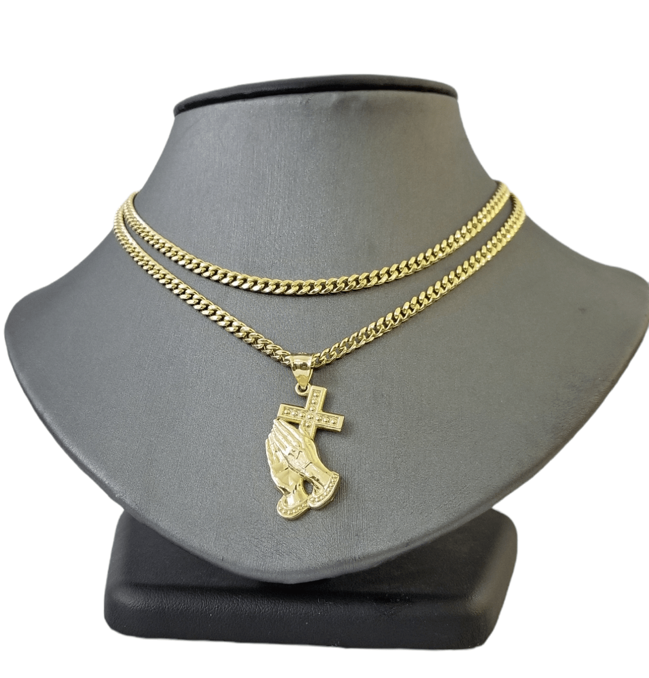 Real 10k Gold Praying Hand Cross Charm Pendent 4mm Cuban Chain 18" - 30" Inch - Reva Jeweler