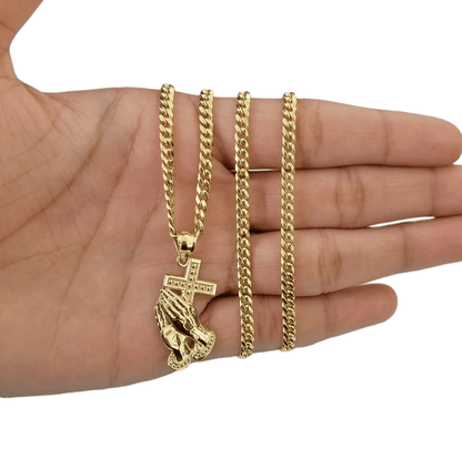 Real 10k Gold Praying Hand Cross Charm Pendent 4mm Cuban Chain 18" - 30" Inch - Reva Jeweler
