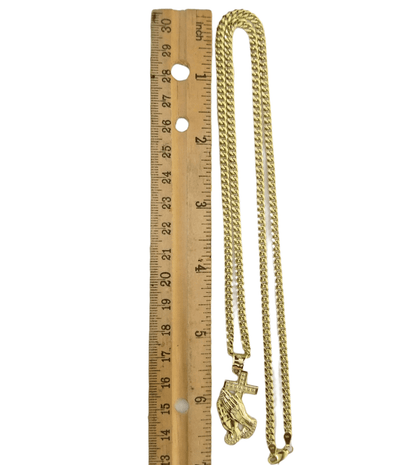 Real 10k Gold Praying Hand Cross Charm Pendent 4mm Cuban Chain 18" - 30" Inch - Reva Jeweler