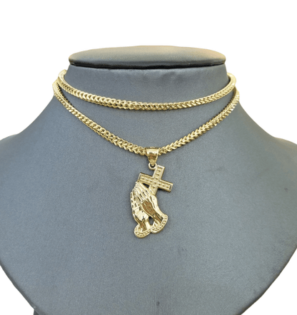 Real 10k Gold Praying Hand Cross Pendent Charm 3mm Franco Chain 18" - 28" Inch - Reva Jeweler