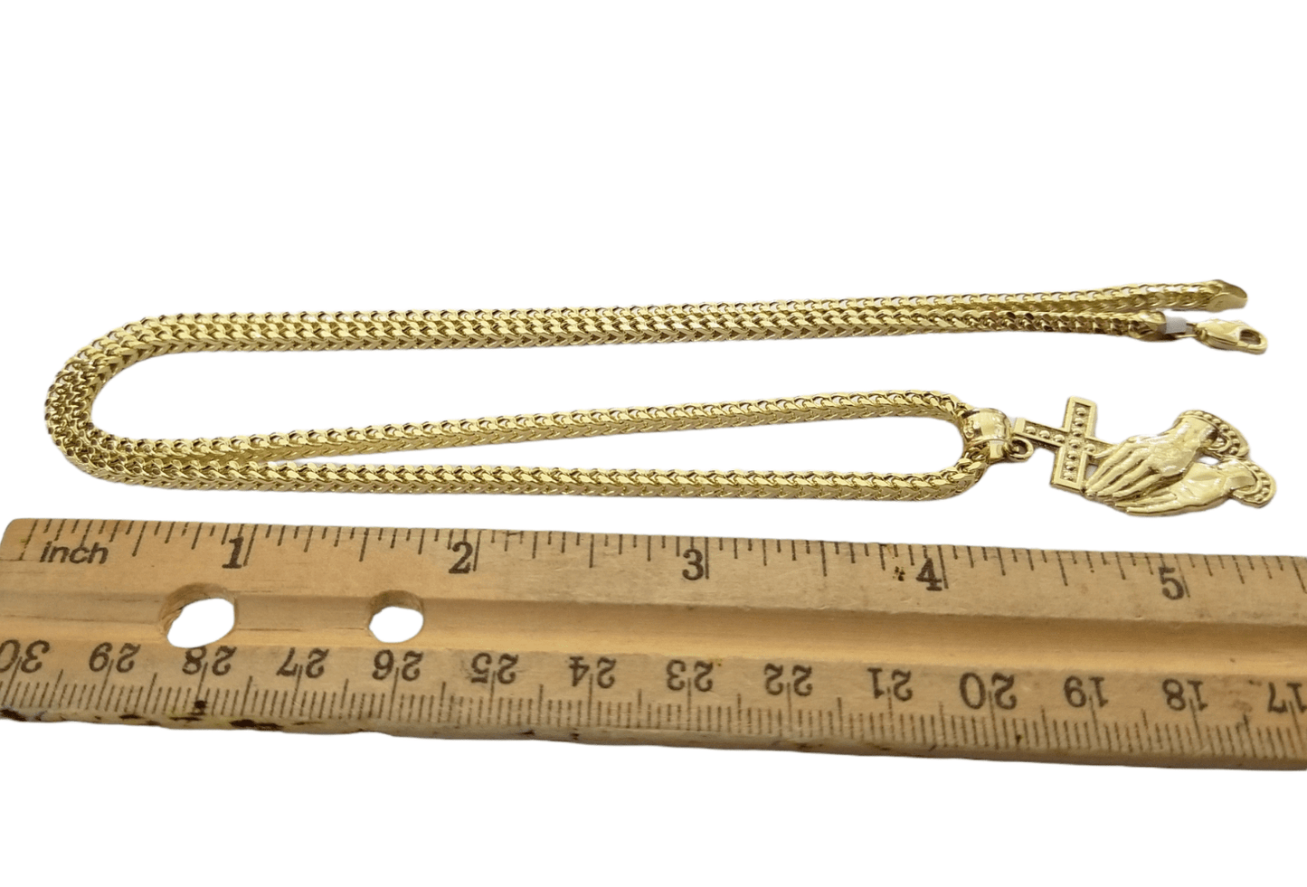 Real 10k Gold Praying Hand Cross Pendent Charm 3mm Franco Chain 18" - 28" Inch - Reva Jeweler