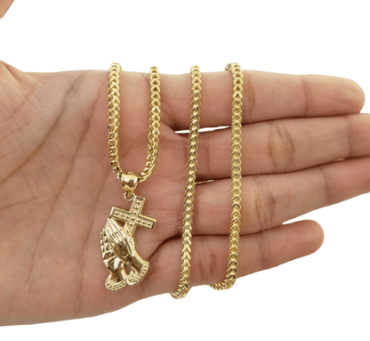 Real 10k Gold Praying Hand Cross Pendent Charm 3mm Franco Chain 18" - 28" Inch - Reva Jeweler