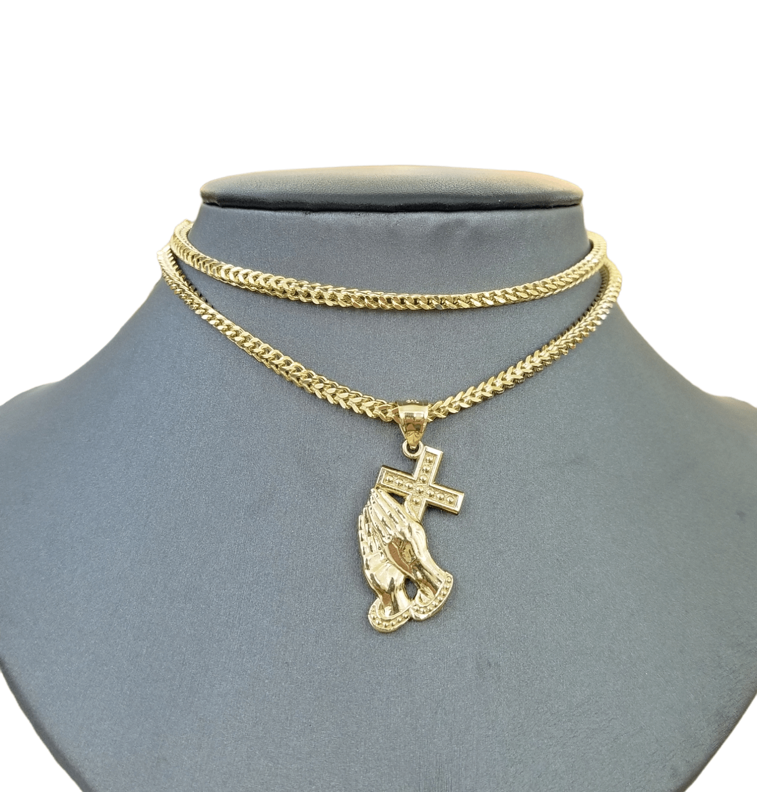 Real 10K Gold Praying Hand Jesus Cross Pendent 4mm Franco Chain 22" Inch Charm - Reva Jeweler