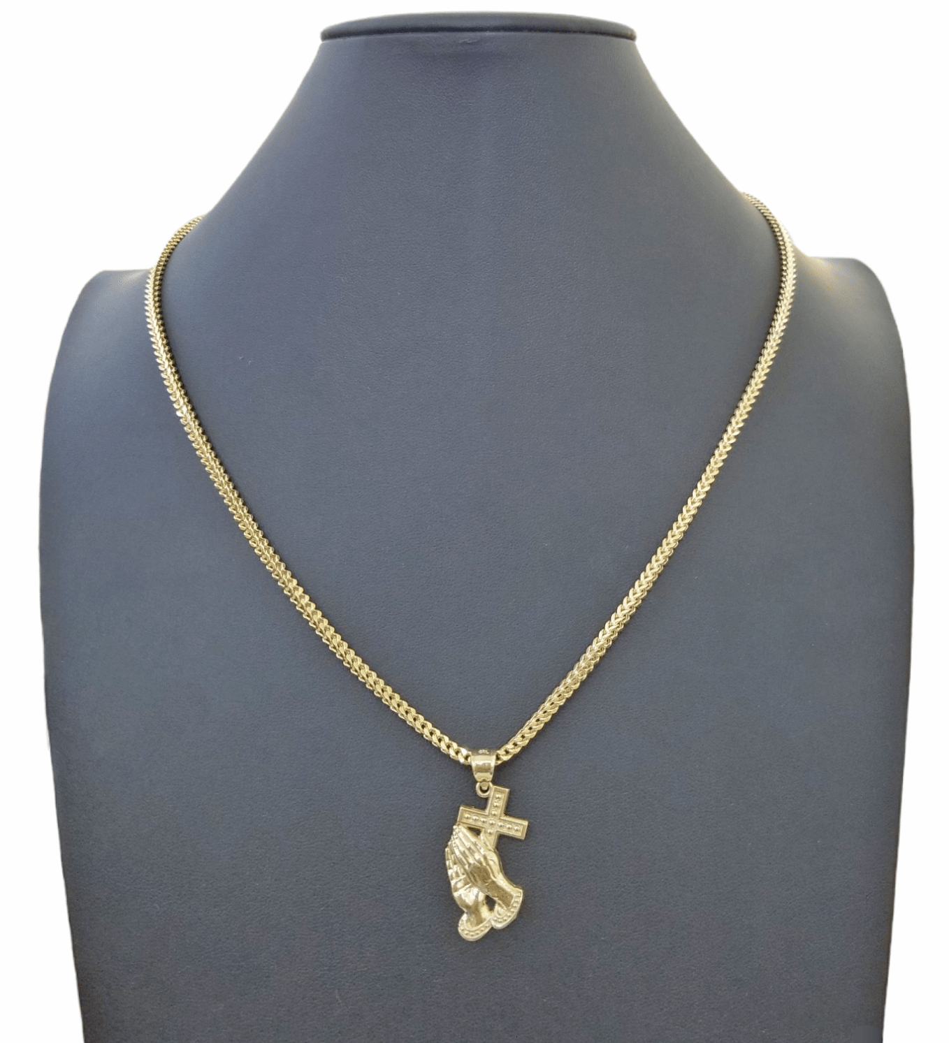 Real 10K Gold Praying Hand Jesus Cross Pendent 4mm Franco Chain 22" Inch Charm - Reva Jeweler