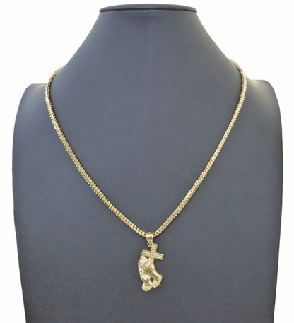 Real 10K Gold Praying Hand Jesus Cross Pendent 4mm Franco Chain 22" Inch Charm - Reva Jeweler
