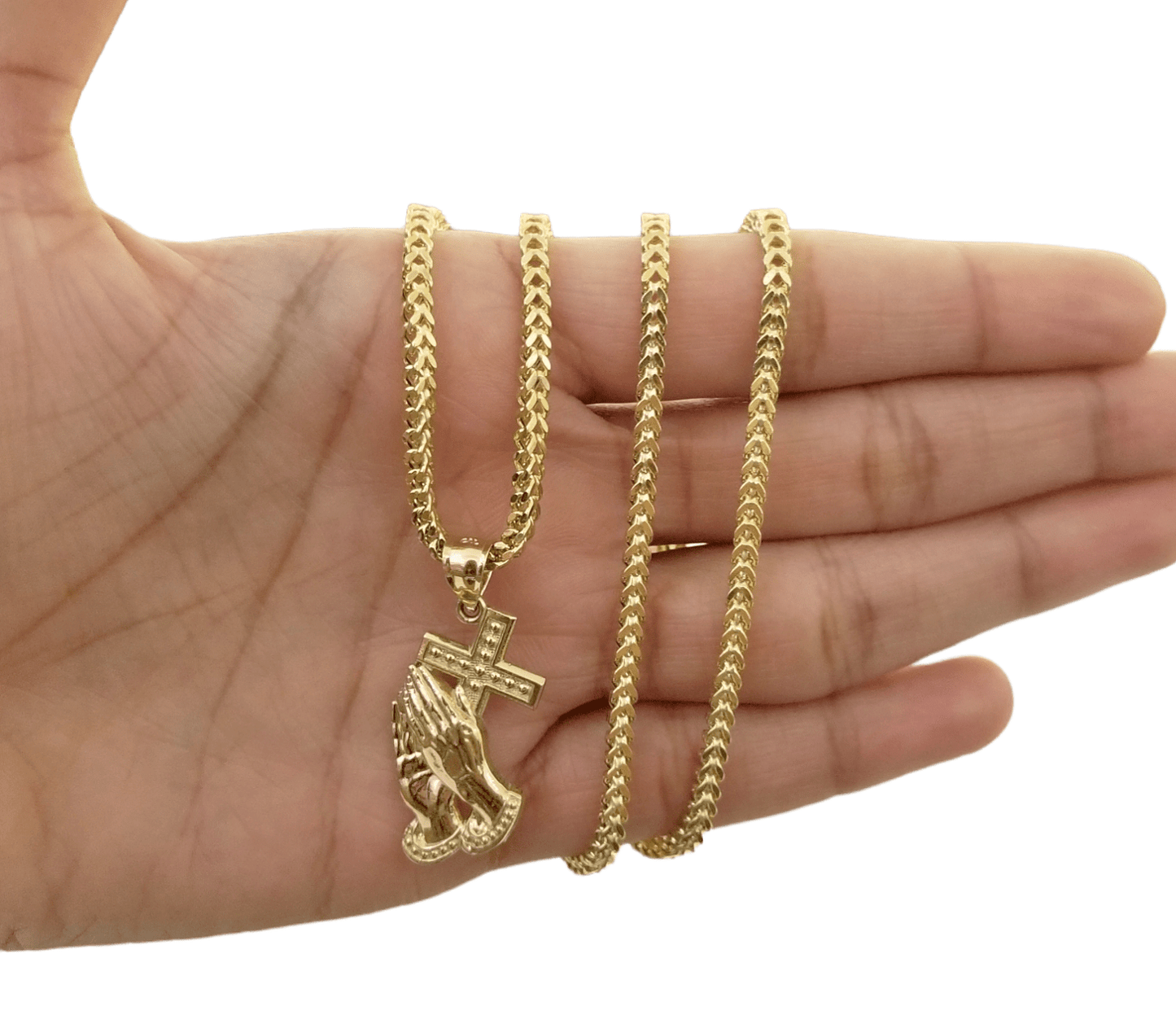 Real 10K Gold Praying Hand Jesus Cross Pendent 4mm Franco Chain 22" Inch Charm - Reva Jeweler