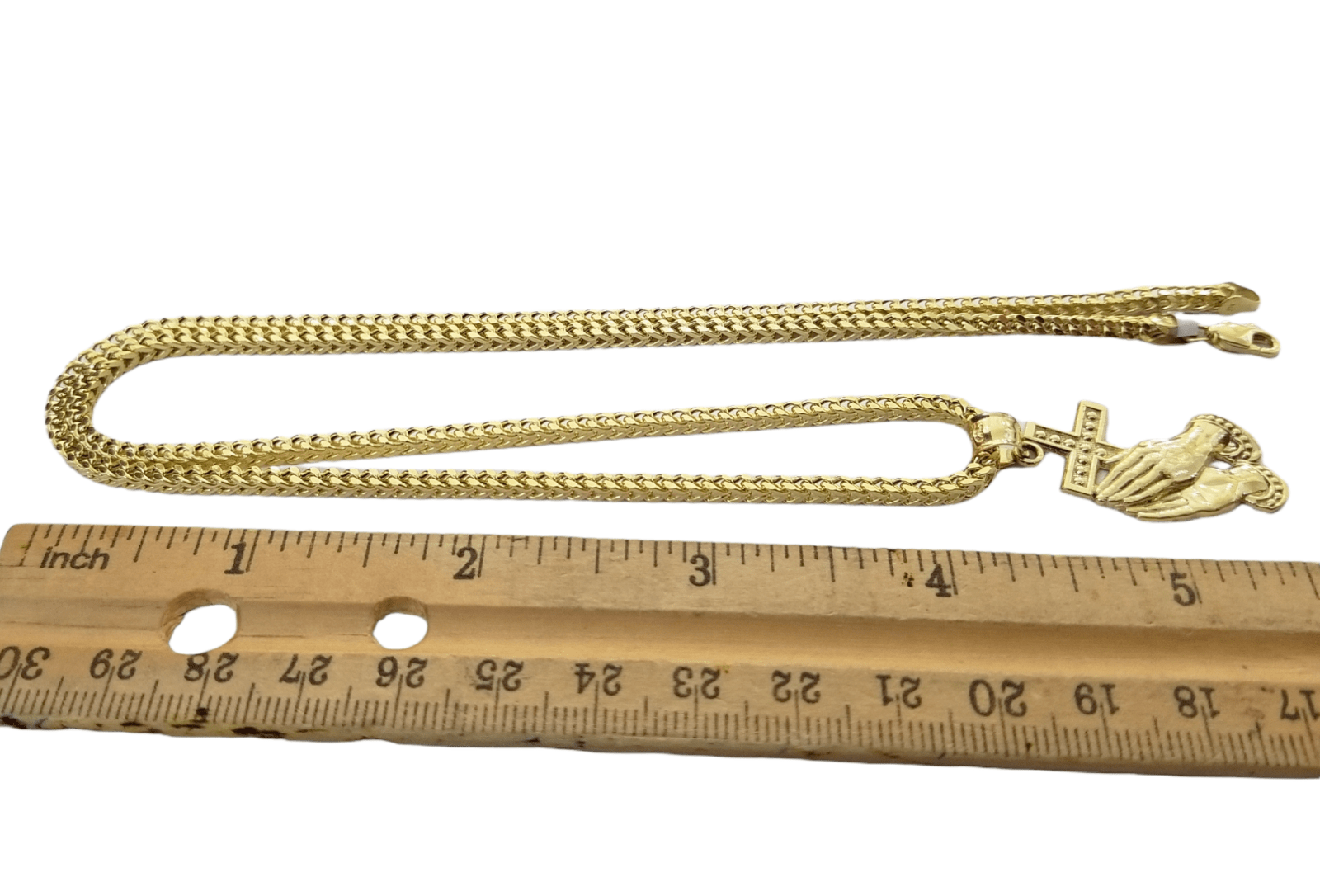 Real 10K Gold Praying Hand Jesus Cross Pendent 4mm Franco Chain 22" Inch Charm - Reva Jeweler