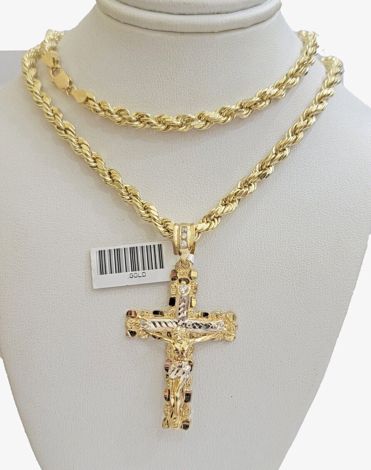 Real 10k Gold Rope 24 inch Chain Jesus Cross Charm Pendant Set 5mm Necklace Mens - Reva Jeweler