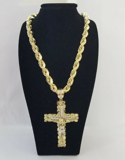 Real 10k Gold Rope Chain 26"Inch 10mm and nugget Cross Pendent 10kt yellow gold - Reva Jeweler