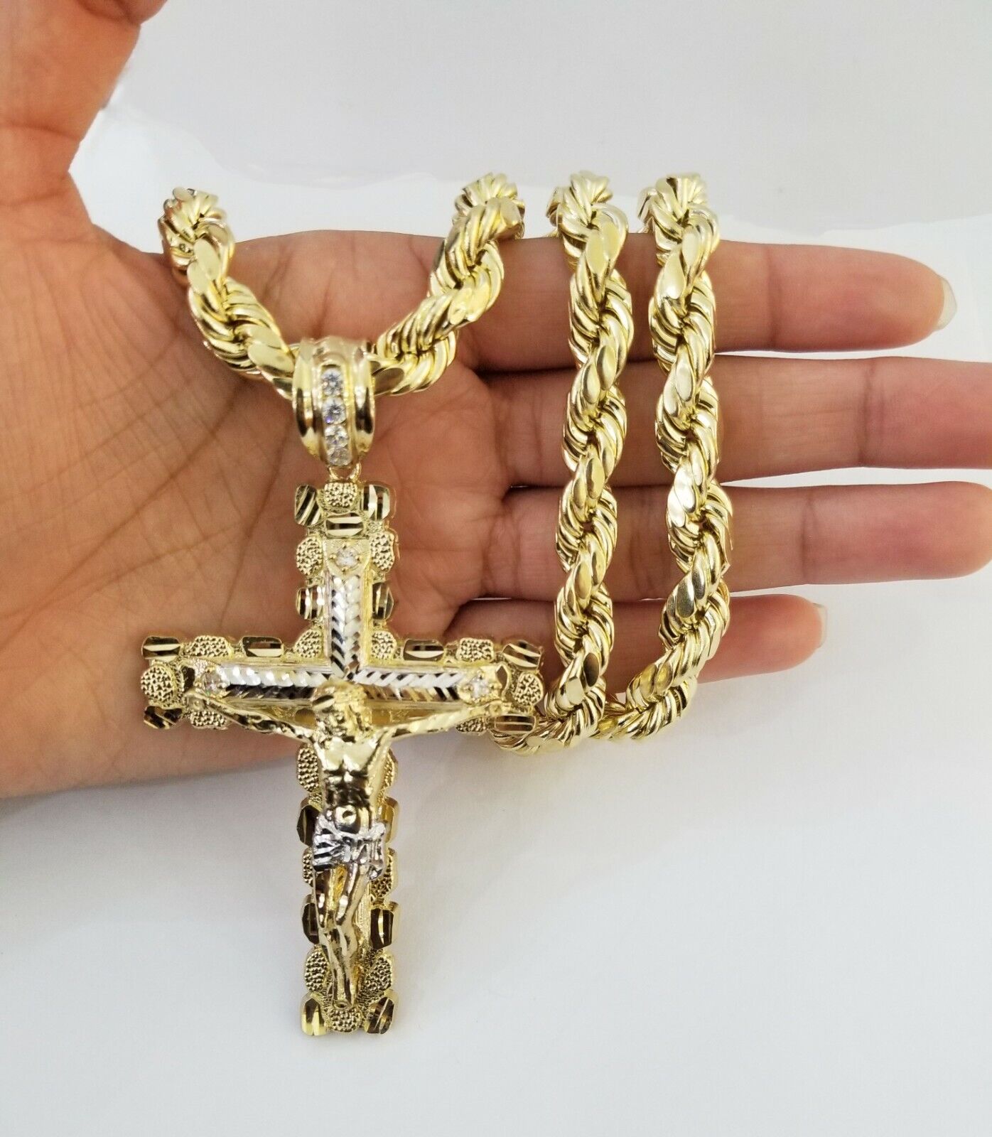 Real 10k Gold Rope Chain 26"Inch 10mm and nugget Cross Pendent 10kt yellow gold - Reva Jeweler