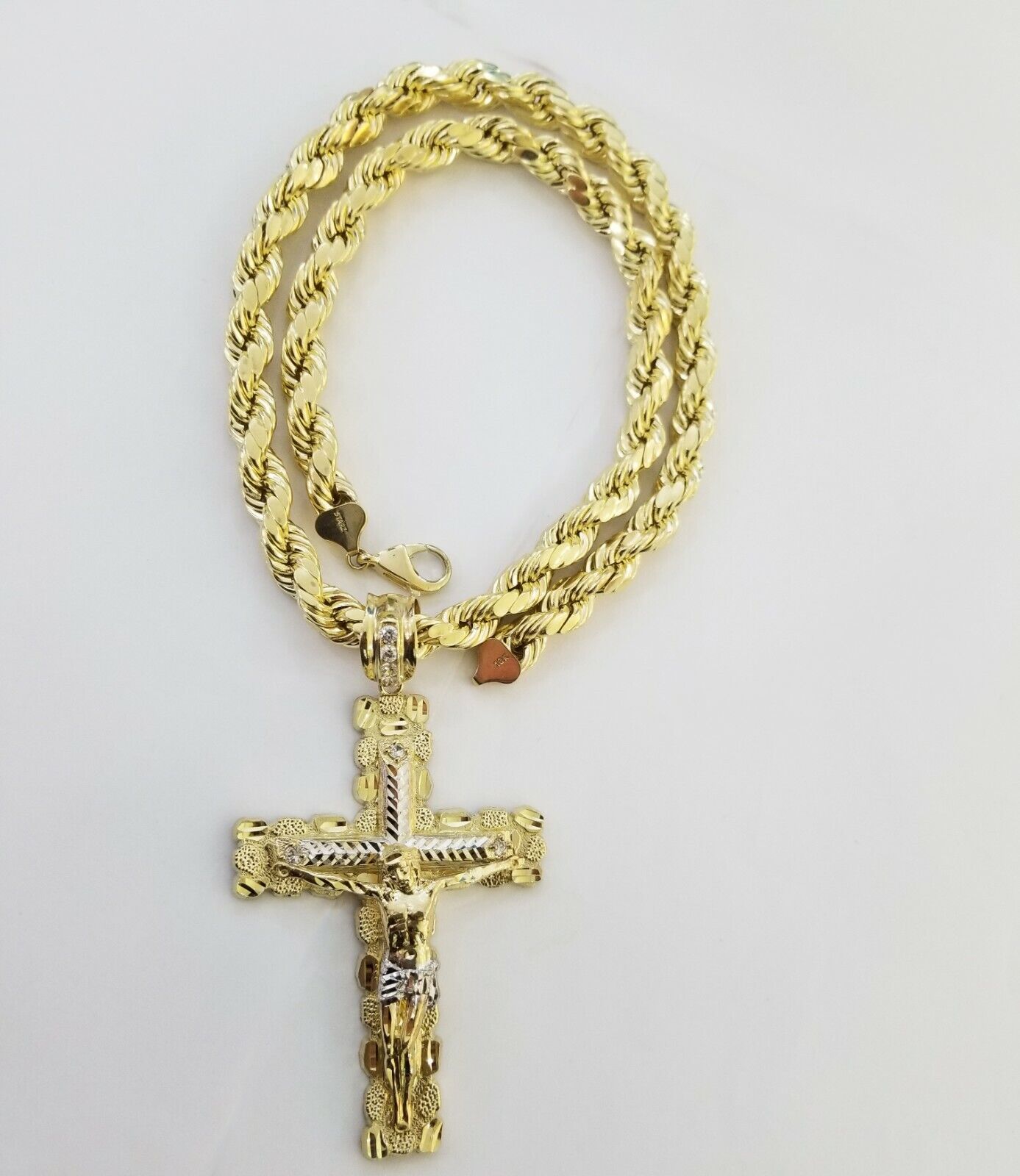 Real 10k Gold Rope Chain 26"Inch 10mm and nugget Cross Pendent 10kt yellow gold - Reva Jeweler
