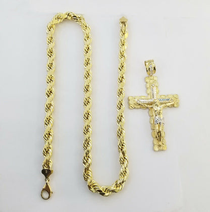 Real 10k Gold Rope Chain 26"Inch 10mm and nugget Cross Pendent 10kt yellow gold - Reva Jeweler