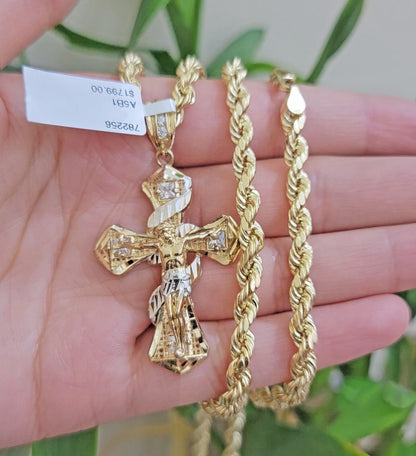 Real 10k Gold Rope Chain 5mm 20 inch Necklace & Jesus Cross Charm Pendant Set - Reva Jeweler