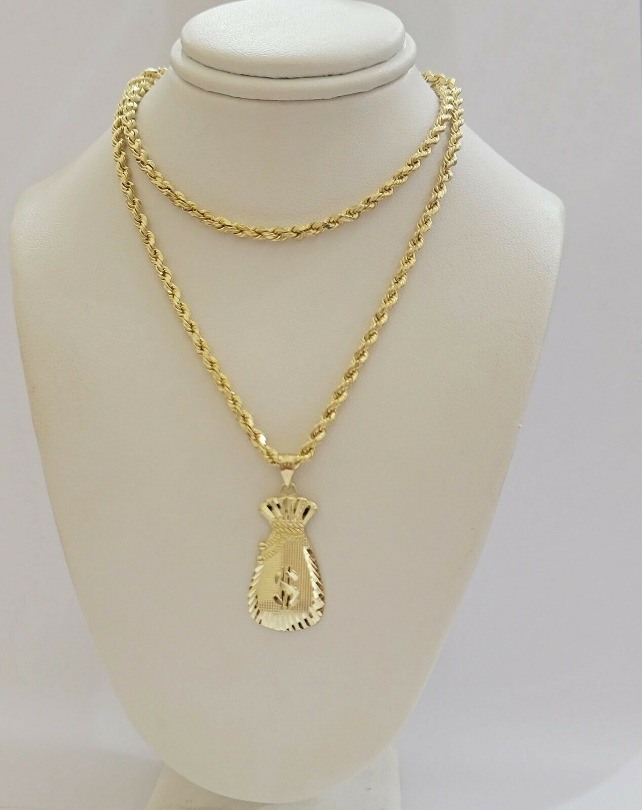REAL 10k Gold Rope Chain Charm Pendant SET 3mm Necklace 18 - 28" Money Dollar Bag - Reva Jeweler