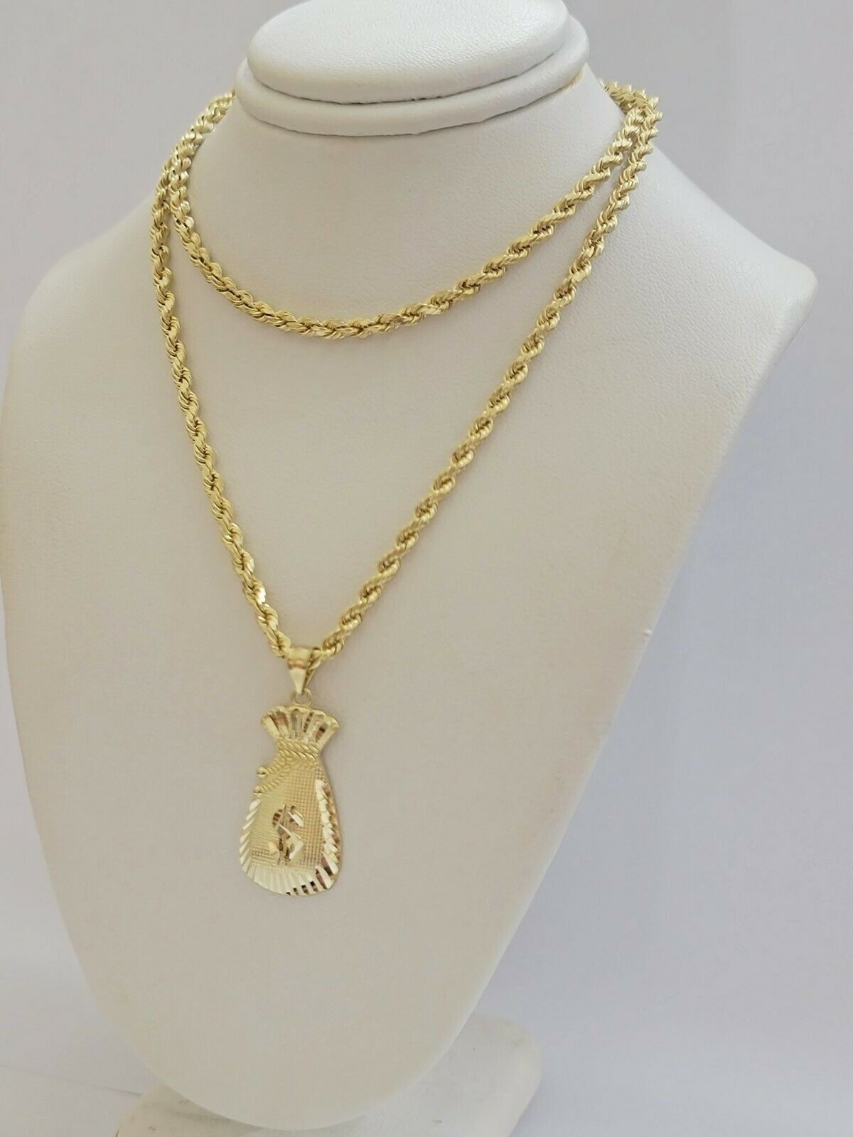 REAL 10k Gold Rope Chain Charm Pendant SET 3mm Necklace 18 - 28" Money Dollar Bag - Reva Jeweler