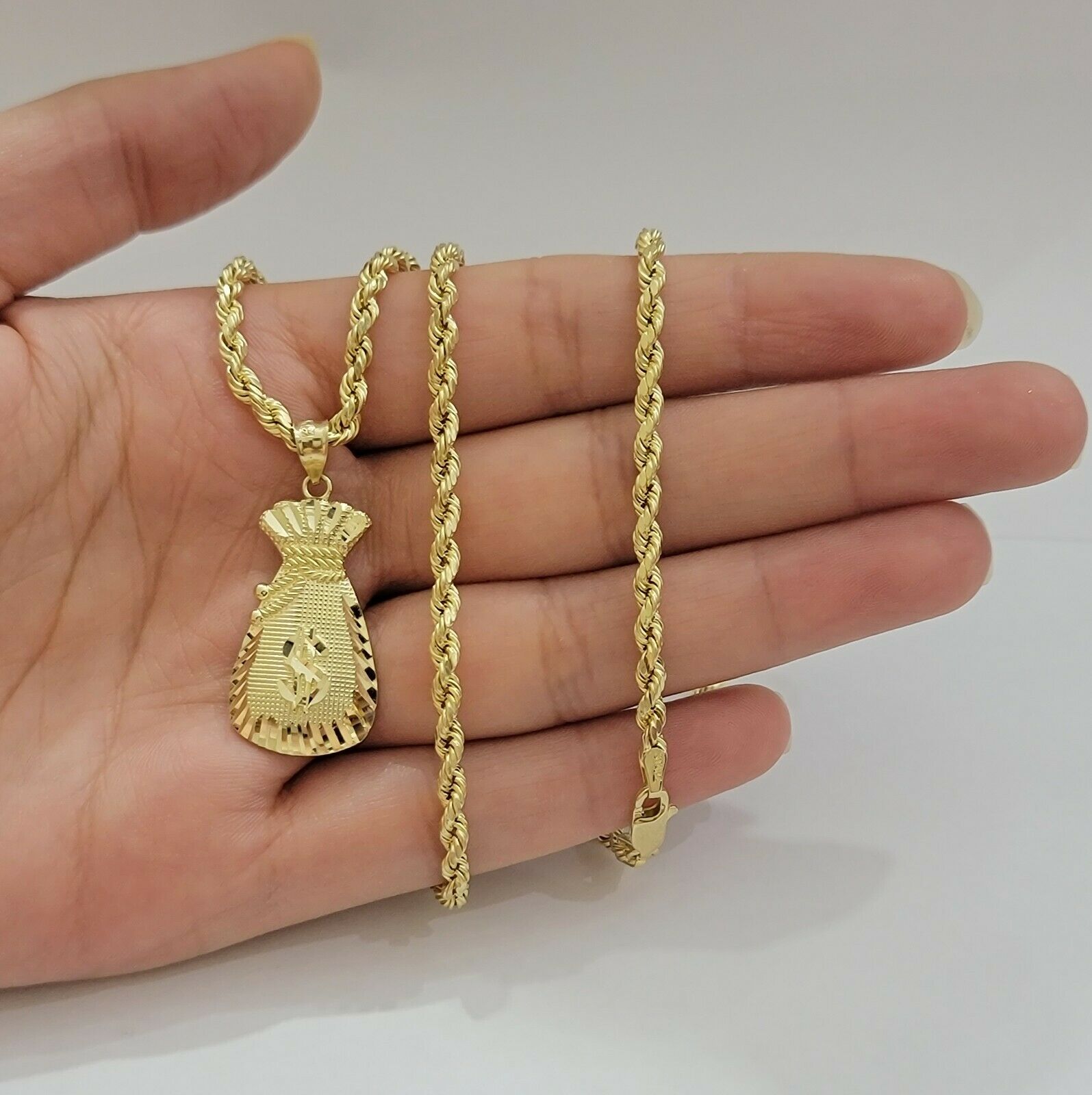 REAL 10k Gold Rope Chain Charm Pendant SET 3mm Necklace 18 - 28" Money Dollar Bag - Reva Jeweler