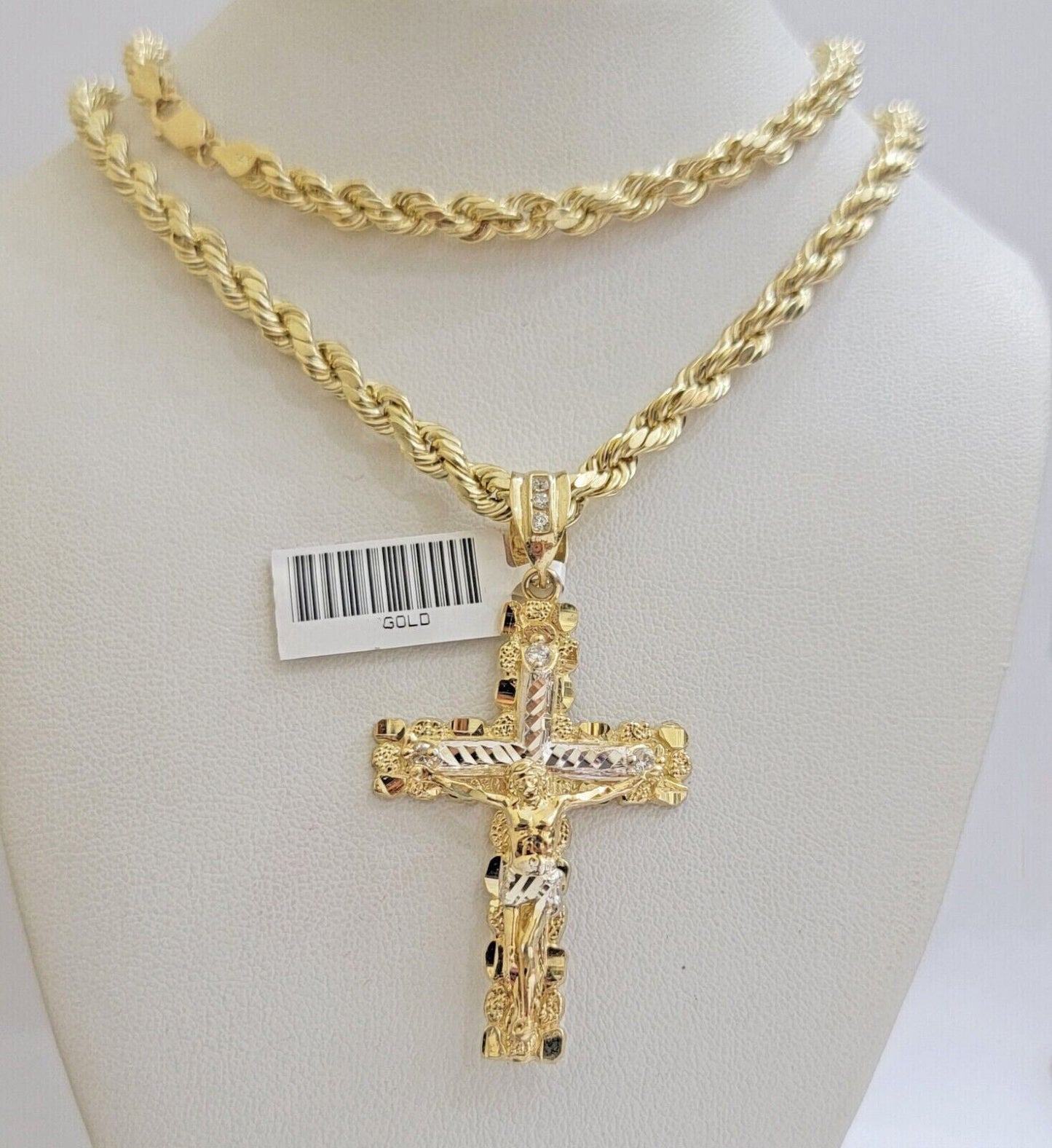 Real 10k Gold Rope Chain Charm Set Jesus Cross Pendant 20" inch 4mm Necklace - Reva Jeweler