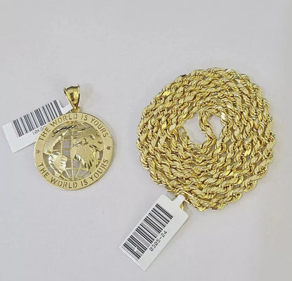 Real 10k Gold Rope Chain Charm World Map Pendant SET 4mm 18 - 28 inch Necklace - Reva Jeweler
