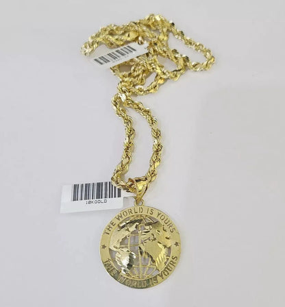 Real 10k Gold Rope Chain Charm World Map Pendant SET 4mm 18 - 28 inch Necklace - Reva Jeweler