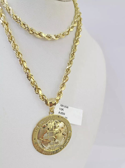 Real 10k Gold Rope Chain Charm World Map Pendant SET 4mm 18 - 28 inch Necklace - Reva Jeweler
