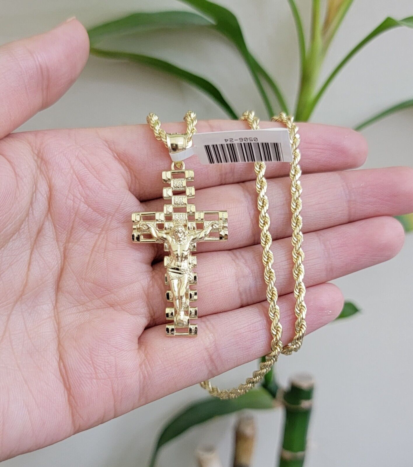 Real 10k Gold Rope Chain Cross Charm Pendant SET 3mm 20" Necklace Jesus Crucifix - Reva Jeweler