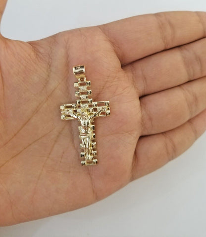 Real 10k Gold Rope Chain Cross Charm Pendant SET 3mm 20" Necklace Jesus Crucifix - Reva Jeweler