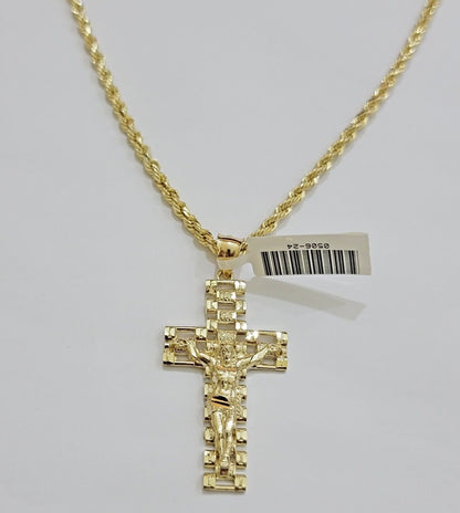 Real 10k Gold Rope Chain Cross Charm Pendant SET 3mm 20" Necklace Jesus Crucifix - Reva Jeweler