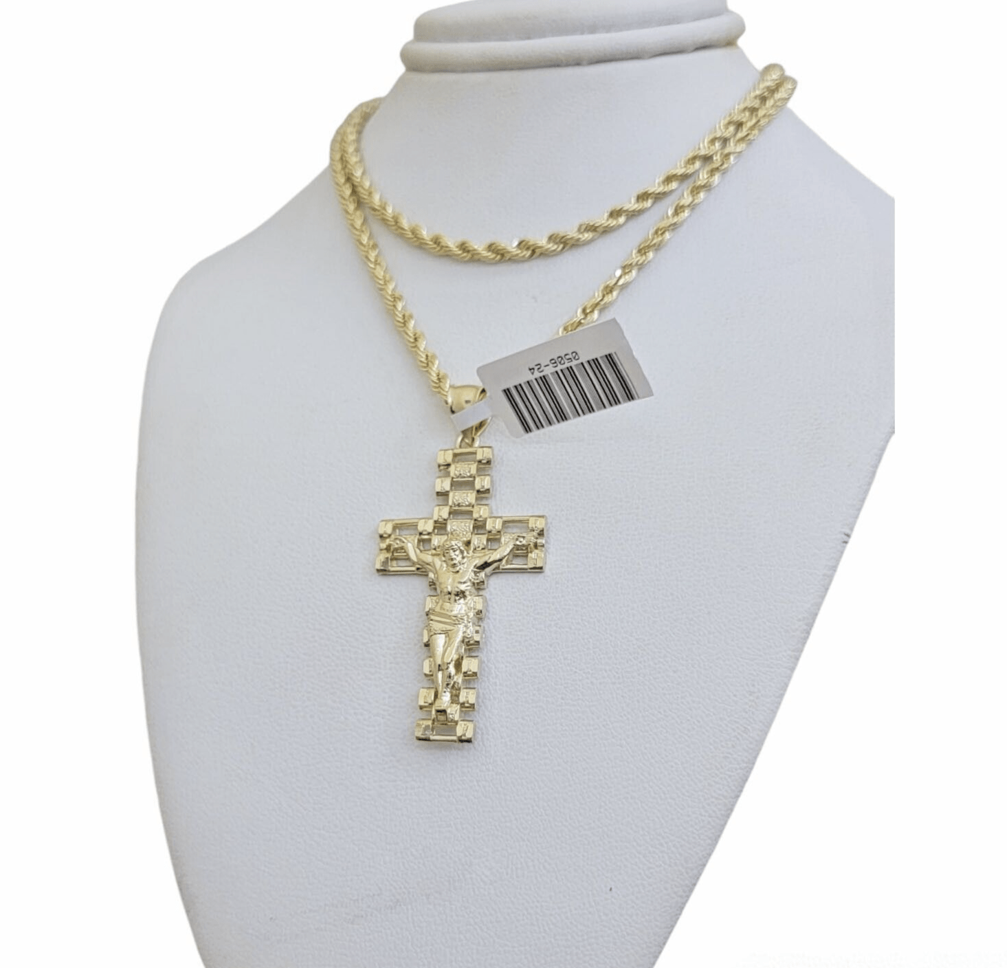 Real 10k Gold Rope Chain Cross Charm Pendant SET 3mm 20" Necklace Jesus Crucifix - Reva Jeweler