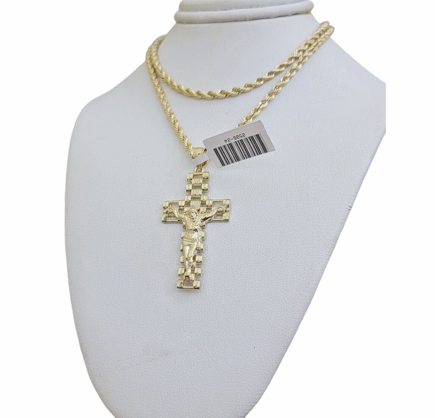 Real 10k Gold Rope Chain Cross Charm Pendant SET 3mm 20" Necklace Jesus Crucifix - Reva Jeweler