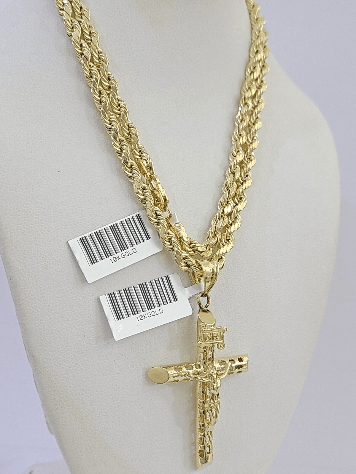 Real 10k Gold Rope Chain Cross Charm Pendent SET 4mm 26 Inch 4mm Necklace Men's - Reva Jeweler