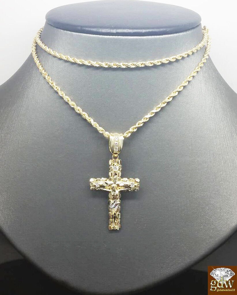Real 10k Gold Rope Chain Cross Pendant 18" 20" 22" 24" 26" Necklace - Reva Jeweler
