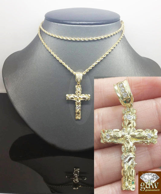 Real 10k Gold Rope Chain Cross Pendant 18" 20" 22" 24" 26" Necklace - Reva Jeweler