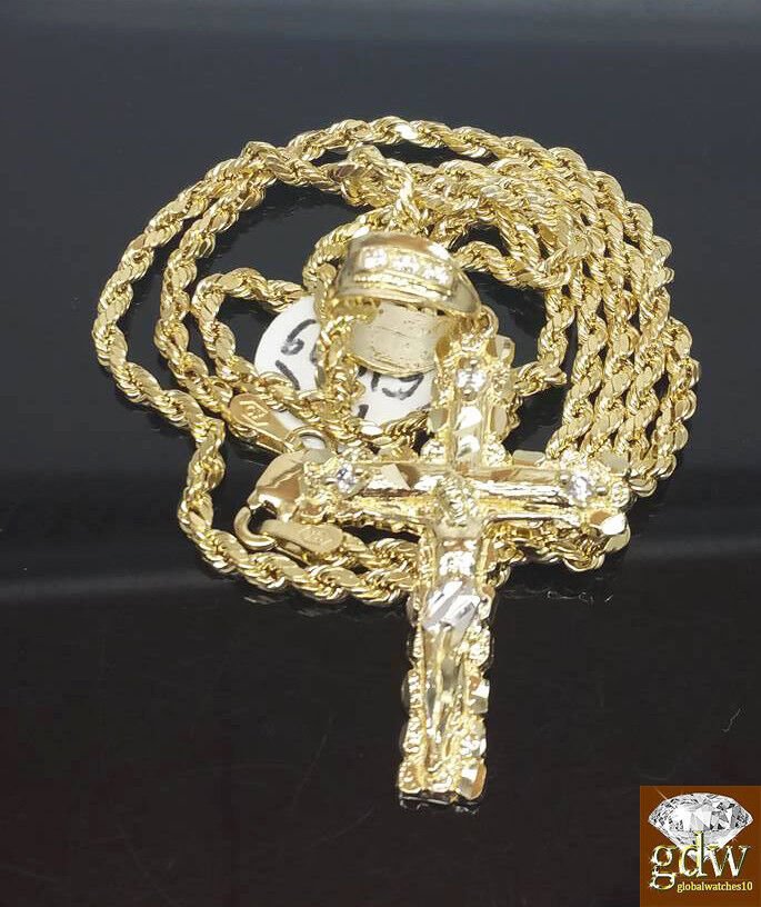 Real 10k Gold Rope Chain Cross Pendant 18" 20" 22" 24" 26" Necklace - Reva Jeweler