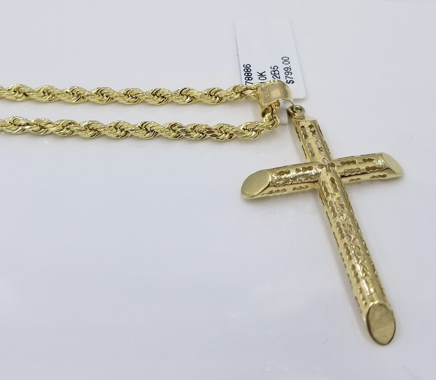 Real 10k Gold Rope Chain Cross Pendant, 3mm Necklace 20" inch With Charm, 10kt - Reva Jeweler