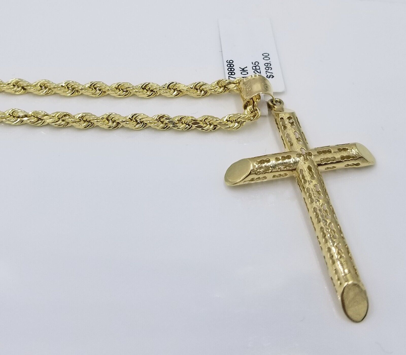 Real 10k Gold Rope Chain Cross Pendant, 3mm Necklace 20" inch With Charm, 10kt - Reva Jeweler