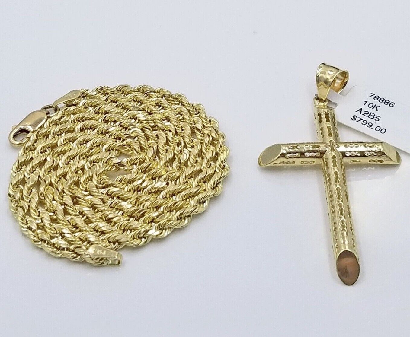 Real 10k Gold Rope Chain Cross Pendant, 3mm Necklace 20" inch With Charm, 10kt - Reva Jeweler