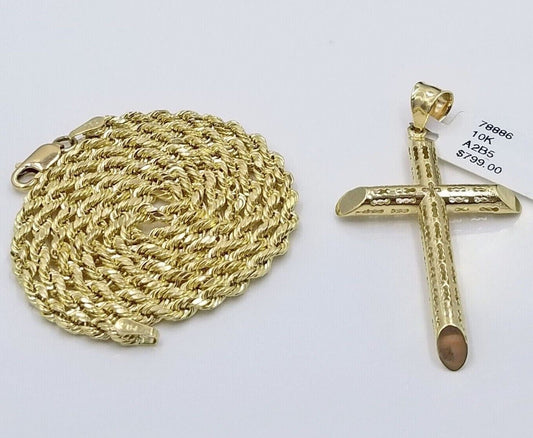 Real 10k Gold Rope Chain Cross Pendant, 3mm Necklace 20" inch With Charm, 10kt - Reva Jeweler