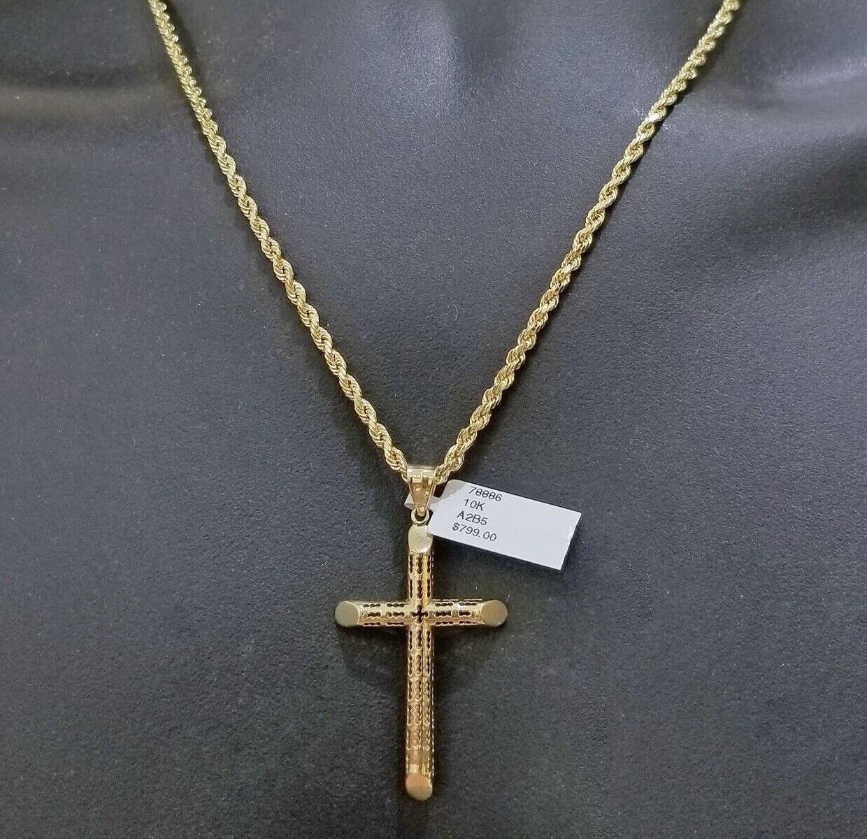 Real 10k Gold Rope Chain Cross Pendant, 3mm Necklace 20" inch With Charm, 10kt - Reva Jeweler