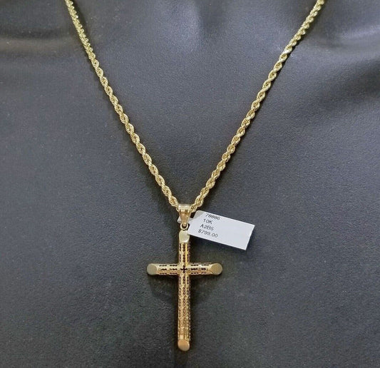 Real 10k Gold Rope Chain Cross Pendant, 3mm Necklace 20" inch With Charm, 10kt - Reva Jeweler