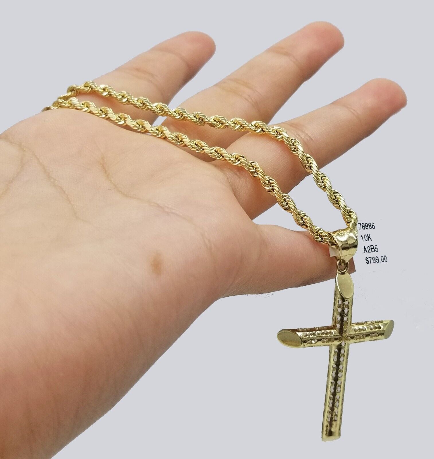 Real 10k Gold Rope Chain Cross Pendant, 3mm Necklace 20" inch With Charm, 10kt - Reva Jeweler