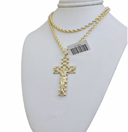Real 10k Gold Rope Chain Cross SET 3mm 18 - 30" Inch Necklace Jesus Charm Pendant - Reva Jeweler
