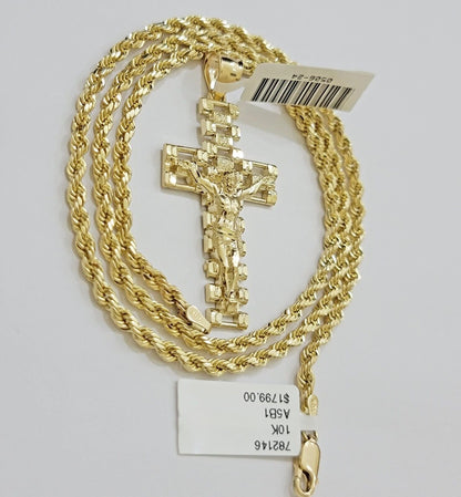 Real 10k Gold Rope Chain Cross SET 3mm 18 - 30" Inch Necklace Jesus Charm Pendant - Reva Jeweler
