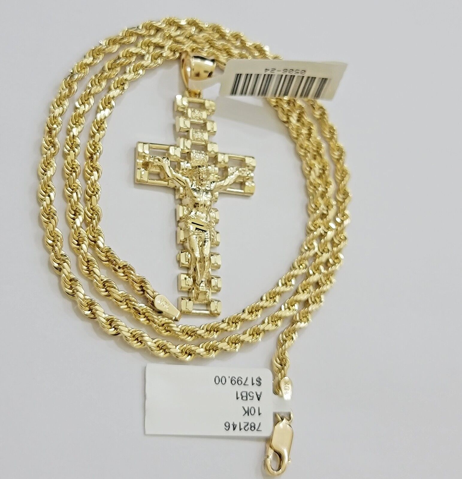 Real 10k Gold Rope Chain Cross SET 3mm 18 - 30" Inch Necklace Jesus Charm Pendant - Reva Jeweler