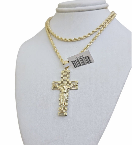 Real 10k Gold Rope Chain Cross SET 3mm 18 - 30" Inch Necklace Jesus Charm Pendant - Reva Jeweler