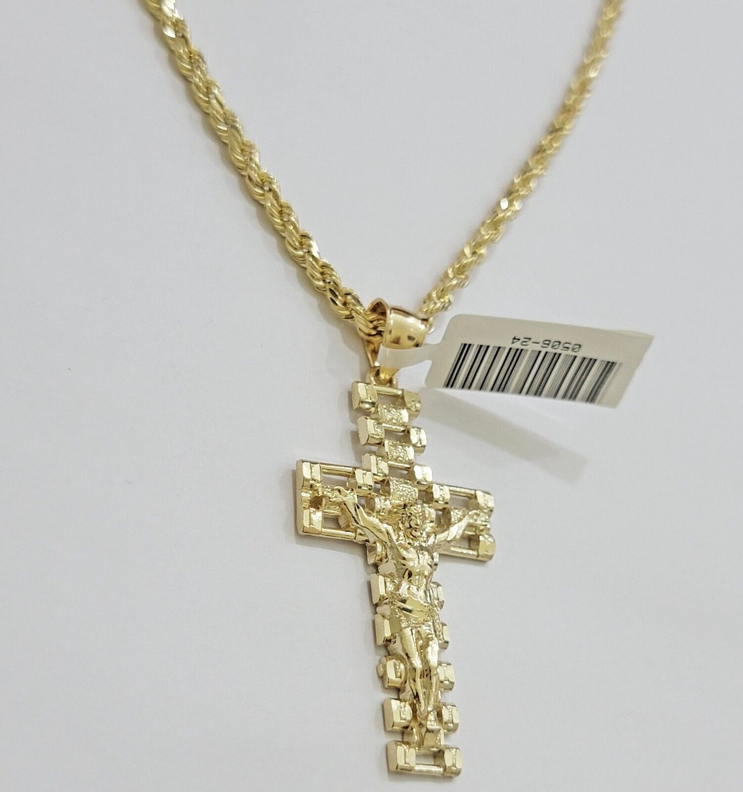 Real 10k Gold Rope Chain Cross SET 3mm 18 - 30" Inch Necklace Jesus Charm Pendant - Reva Jeweler