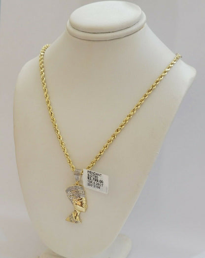 REAL 10k Gold Rope Chain Diamond Pendant Pharaoh Head SET 3mm Necklace 18" - 28" - Reva Jeweler
