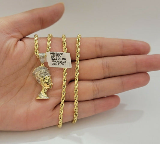 REAL 10k Gold Rope Chain Diamond Pendant Pharaoh Head SET 3mm Necklace 18" - 28" - Reva Jeweler