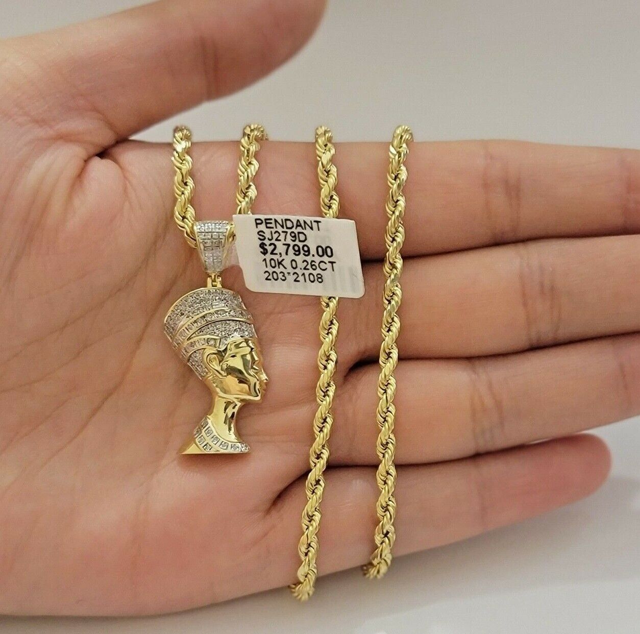 REAL 10k Gold Rope Chain Diamond Pendant Pharaoh Head SET 3mm Necklace 18" - 28" - Reva Jeweler