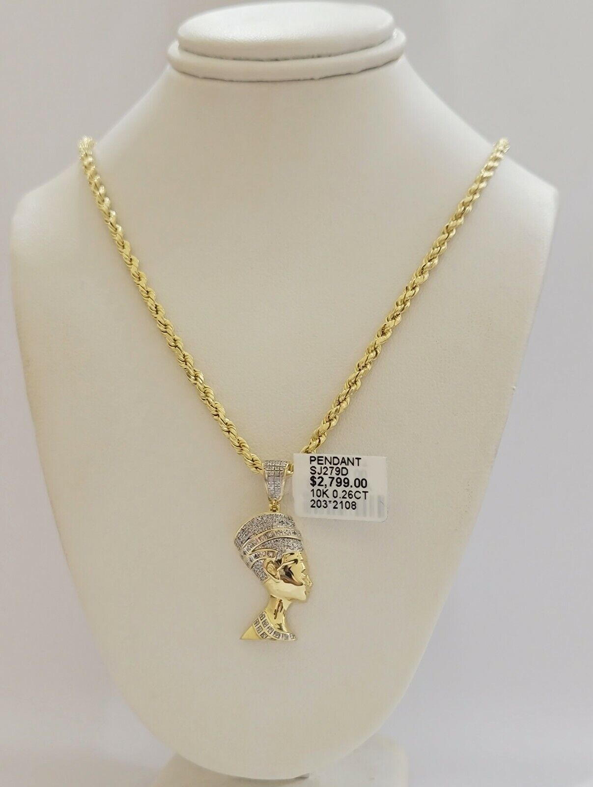 REAL 10k Gold Rope Chain Diamond Pendant Pharaoh Head SET 3mm Necklace 18" - 28" - Reva Jeweler